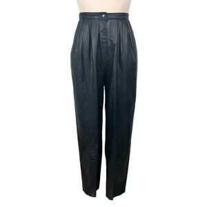 Vintage Pleated High Waisted Straight Leg Leather Pants Black